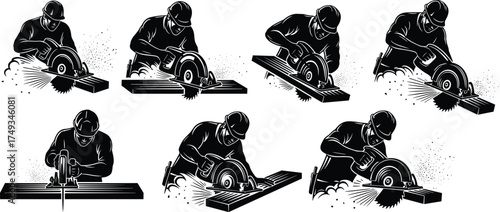 Construction worker using circular saw in multiple silhouette angles showing cutting action, safety gear, and woodworking technique in vector style.