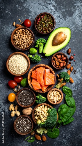 A top-down view showcasing various healthy foods arranged artfully in wooden bowls on a dark, textured surface
