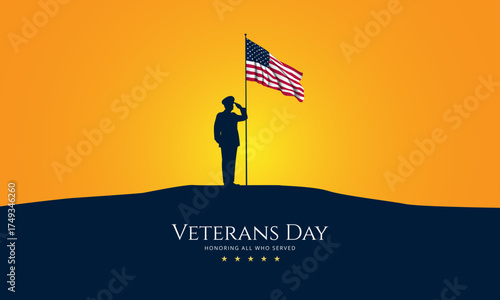 Veteran saluting a waving American flag at sunset scheme. Suitable for Veterans day celebration as a background or banner
