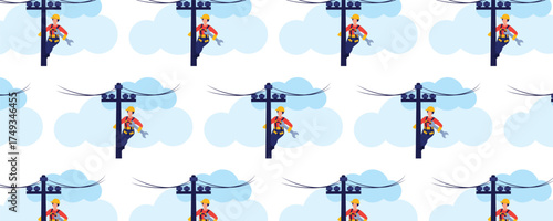 Power line worker pattern and seamless background. Utility linemen repairing electrical grids and maintaining power poles. Energy industry illustration