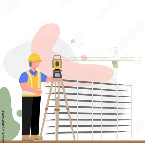 Construction surveyor using a theodolite at a building site. Worker wearing safety helmet and vest with crane and structure in the background. engineering and construction concept.