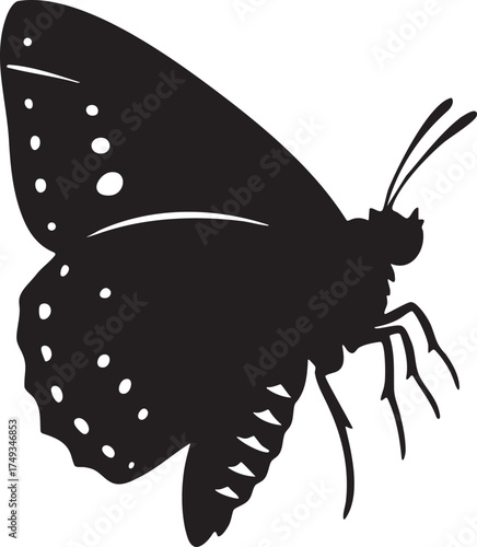 Black silhouette of a butterfly with spotted wings. Side view vector icon of a flying insect