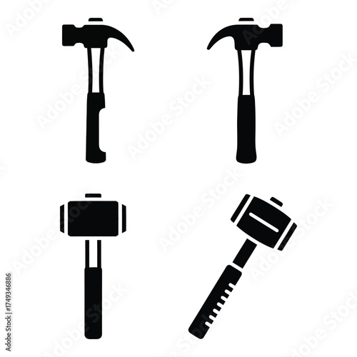 Collection of four black hammer icons representing construction woodworking and repair tools silhouette