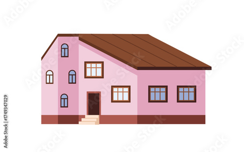 Facade of suburban house. Residential building, rural cottage, countryside lodge. Cute home with pink walls. Architecture of suburb, village. Flat isolated vector illustration on white background