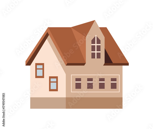 Facade of residential or municipal building. Suburban house, countryside cottage. Village lodge, villa with mansard roof. Suburb architecture. Flat isolated vector illustration on white background