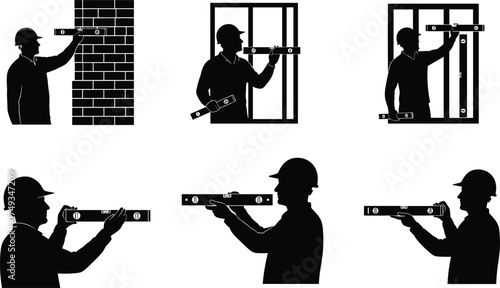 Construction Workers Using Spirit Level Silhouettes – Alignment, Measurement, Brickwork, Carpentry, Window Framing, Precision Tools, Building Inspection, Horizontal Leveling