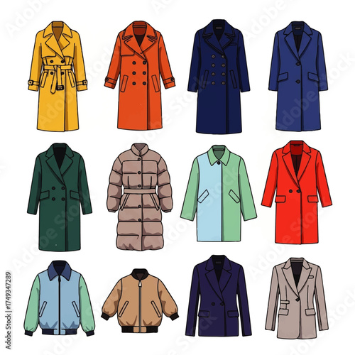 A collection of various colorful coats and jackets presented on a white background.