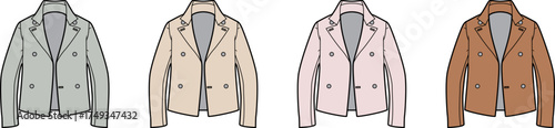Double Breasted Cropped Jacket Flat Fashion Sketch Template in Multiple Colors