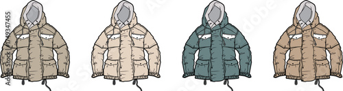 A versatile collection of winter parka jacket illustrations, showcasing multiple color options for fashion and apparel design concepts
