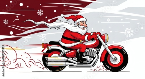 Santa Claus riding a red motorcycle through a snowy winter landscape with snowflakes and wind