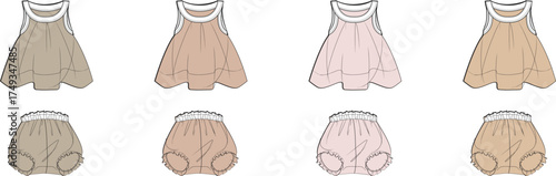 Set of technical fashion flat sketches for baby girl apparel, featuring a camisole top and bloomer shorts in a neutral color palette