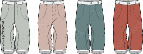 Vector illustration set of children's casual cuffed trousers in four color variations for apparel design template