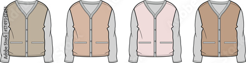 Collection of cardigans in neutral and pastel colors with v-neck and pocket details, presented in a flat design illustration