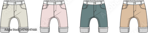 Set of four pairs of children's pants, each featuring a different pastel color and cuffed hems