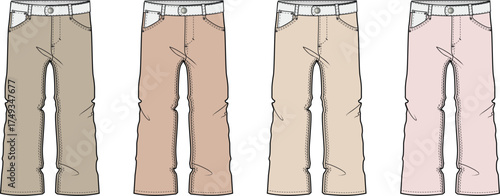 A collection of four pairs of stylish casual trousers in a variety of neutral and pastel colors. Flat vector illustration for fashion and apparel design concepts
