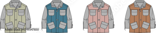 Set of technical flat sketches of a multi-pocket utility jacket