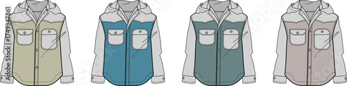 A set of four hooded sherpa-lined vest technical flat sketches. Fashion design vector template in multiple color variations for apparel mockups