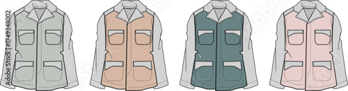 Four different colored safari vests with multiple pockets, presented in a row