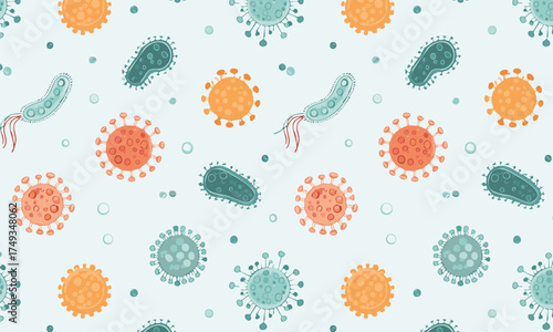 Hand Drawn Microbiology Seamless Pattern with Various Viruses and Bacteria