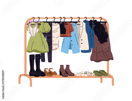 Female clothes is hanging on rail in wardrobe. Wearings are on hanger rack in fashion shop. Closet with trendy garments, shelf with shoes, boots. Flat isolated vector illustration on white background