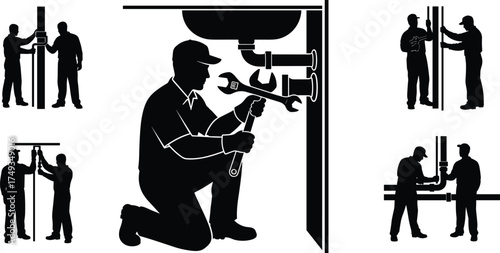 Plumber silhouettes performing pipe work and repairs in five vector scenes showing teamwork, tools, and plumbing maintenance in construction.