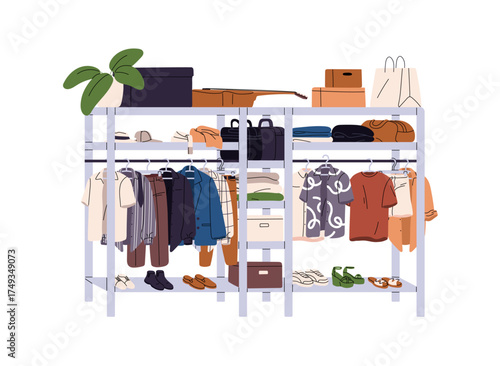Male and female clothes is on hanger rack. Rail stand with shelves for keeping boots, shoes, boxes, caps, bags. Closet, wardrobe with garments, wearings. Flat isolated vector illustration on white