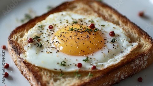 A simple breakfast scene with a fried egg and toast on a plate, ready to be devoured