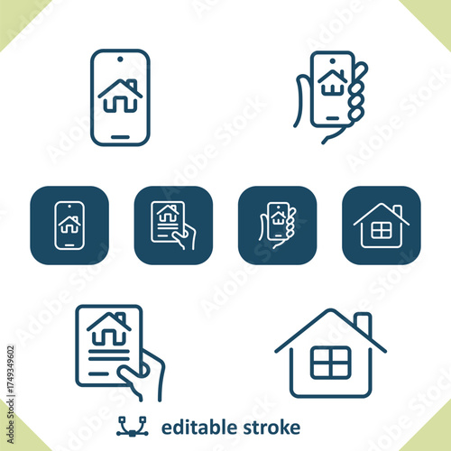 Real Estate Icons. House, Home, Hand, Smartphone, Contract, Lease Icon