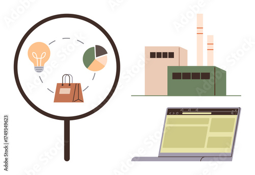 Magnifying glass connecting light bulb, pie chart, and shopping bag with factory building and web browser. Ideal for business strategy, commerce, innovation, data analysis, manufacturing, e-commerce