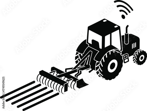 Modern autonomous tractor with attached cultivator and wi fi signal icon symbolizing smart farming technology