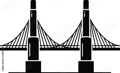 Modern cable stayed bridge silhouette with two tall towers against a white background