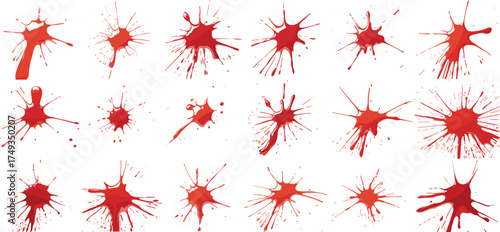 Collection of realistic red paint splatters and dripping textures, isolated liquid stains on white background for abstract design and artwork