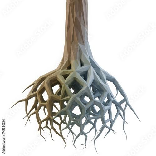 Intricate tree roots system growing downward against white background