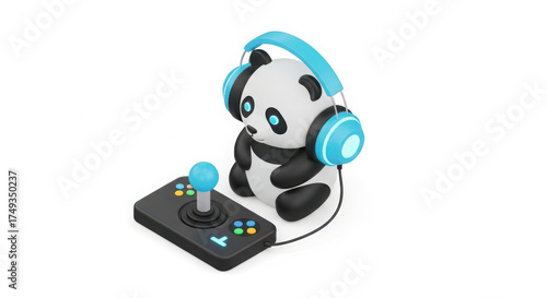 Cute panda character wearing headphones and playing video games with joystick