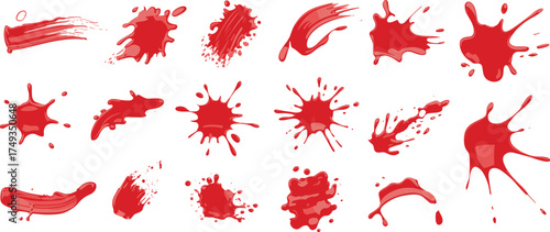 Collection of realistic red paint splatters and dripping textures, isolated liquid stains on white background for abstract design and artwork