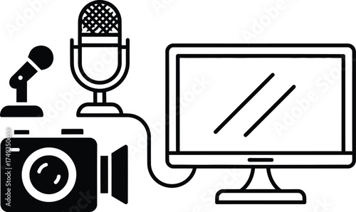 Modern media production setup with camera microphone and computer monitor icon for content creation