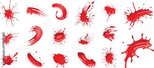 Collection of realistic red paint splatters and dripping textures, isolated liquid stains on white background for abstract design and artwork