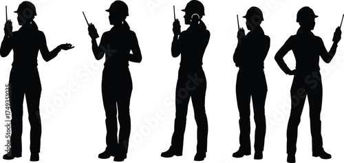 Silhouettes of construction supervisors with safety helmets using walkie-talkies, jobsite communication, leadership coordination, industrial management, vector illustration set