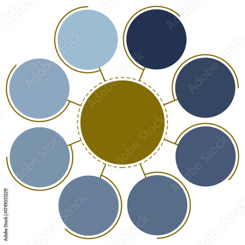 8-Step Circular Infographic Vector Template. Corporate-style illustration is ideal for visualizing central concepts, relationships or options connected to a core idea featuring a monochromatic palette