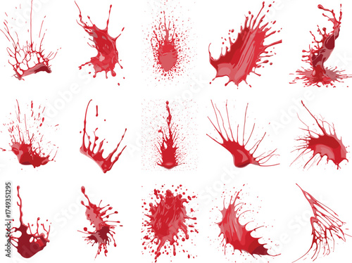 Collection of red paint splatter and dripping liquid textures, isolated abstract stains for creative art, digital design, and backgrounds
