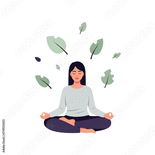 A woman sits in lotus position meditating with leaves floating around her head, representing calm and wellness.