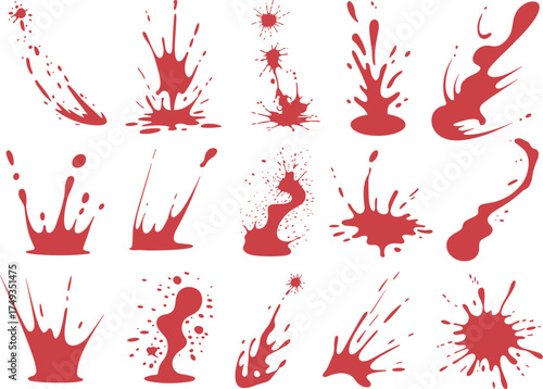 Collection of red paint splatter and dripping liquid textures, isolated abstract stains for creative art, digital design, and backgrounds