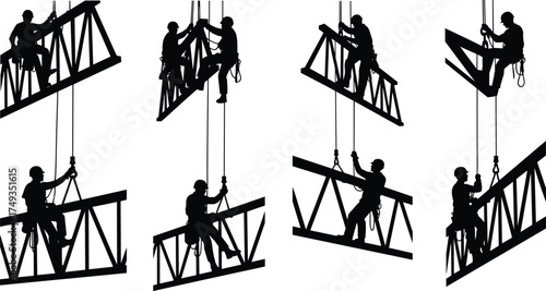 Silhouettes of construction workers climbing steel beams with safety harnesses, high-rise structural labor, teamwork, rope access, vector illustration set