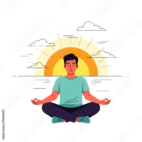 Man meditating in lotus position with sun and clouds in background, achieving mindfulness and relaxation.