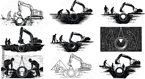 Silhouettes of construction workers and excavators installing underground pipelines with teamwork, trench digging, and heavy machinery vector illustration for infrastructure design