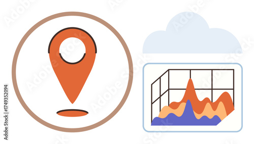 Orange location pin inside circle and colorful line graph in cloud backdrop. Ideal for data tracking, navigation, analytics, forecasting, geolocation, cloud storage, technology. Simple flat metaphor