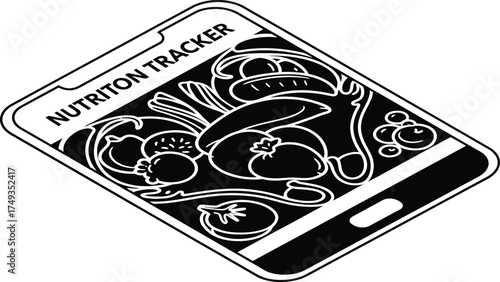 Nutrition tracker app displaying fresh fruits and vegetables in a stylized line art design