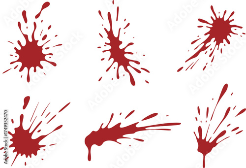 Realistic red blood splatter and dripping paint stains isolated on white background, horror design texture collection for crime scene art