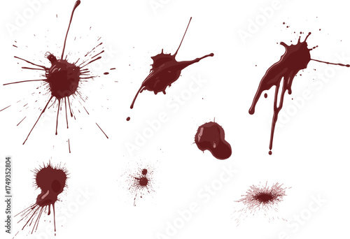 Realistic red blood splatter and dripping paint stains isolated on white background, horror design texture collection for crime scene art