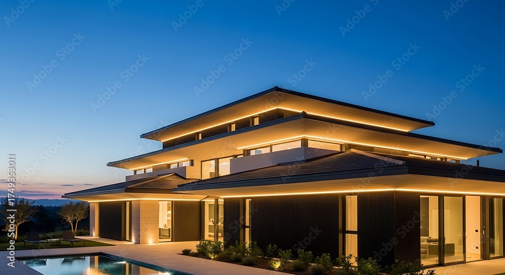 Fototapeta premium Spectacular Luxury Residence Illuminated at Twilight with Pool and Landscape